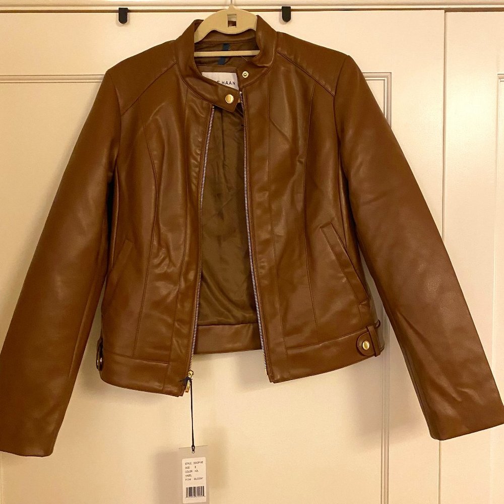 Cole Haan Racer Leather Jacket, Small, Hazel